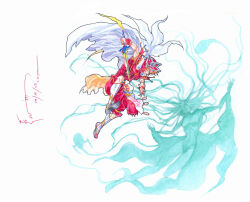  1boy 1girl 2009 armor battle blonde_hair boots cape cloud_of_darkness dated dissidia_final_fantasy dominic_ian_cabatit final_fantasy final_fantasy_iii full_body gold_trim hands_up helmet knee_boots long_hair male_focus midair nick-ian onion_knight pauldrons plume red_armor red_helmet shawl short_hair shoulder_armor signature silhouette timestamp waist_cape white_background white_boots white_cape 