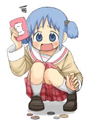  annoyed bag blue_eyes blue_hair blush bow bowtie brown_shoes coin coin_purse colored_skin cube_hair_ornament curled_fingers dropped_object hair_ornament hand_up highres holding holding_bag loafers long_sleeves money multicolored_skin naganohara_mio naganoharamiomio nichijou pink_bag pink_bow pink_bowtie pink_skirt pink_trim plaid_clothes plaid_skirt raised_eyebrows rectangular_mouth red_skirt sailor_collar school_uniform scribble shadow shoes short_hair short_twintails simple_background skirt socks squatting surprised sweatdrop sweater tokisadame_school_uniform twintails two-tone_skin unhappy white_background white_sailor_collar white_socks white_trim yellow_sweater 