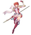  1girl arm_guards armor boots breasts dress elbow_gloves fire_emblem fire_emblem_heroes fire_emblem_if full_body garter_straps gloves haccan highres hinoka_(fire_emblem_if) lance official_art open_mouth polearm red_boots red_eyes redhead scarf short_dress short_hair shoulder_armor small_breasts smile solo thigh-highs thigh_boots transparent_background weapon white_scarf zettai_ryouiki 