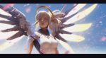  1girl blonde_hair blue_eyes blue_sky bodysuit breastplate breasts high_ponytail highres jana_schirmer letterboxed lips long_sleeves looking_away mechanical_halo mechanical_wings medium_breasts mercy_(overwatch) overwatch petals ponytail realistic short_hair sky solo spread_wings wings yellow_wings 