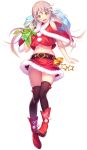  1girl bell belt black_legwear boots bow_legwear carrying_over_shoulder copyright_request full_body fur_trim highres long_hair looking_at_viewer mana_kakkowarai midriff navel open_mouth pink_hair sack santa_costume skirt solo thigh-highs transparent_background twintails yellow_eyes 