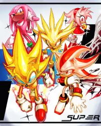  1girl 4boys absurdres amy_rose arm_up blue_eyes derivative_work dragon_ball dragon_ball_super english_text furry furry_female furry_male highres knuckles_the_echidna kornart multiple_boys red_eyes shadow_the_hedgehog silver_the_hedgehog sonic_(series) sonic_generations sonic_the_hedgehog sonic_x_shadow_generations super_amy_rose super_knuckles super_shadow super_silver super_sonic super_sonic_2 walking 