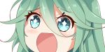  +_+ 1girl bangs close-up eyebrows_visible_through_hair green_eyes green_hair hair_between_eyes hair_ornament hairclip kantai_collection long_hair looking_at_viewer no_nose open_mouth parted_bangs ponytail sidelocks simple_background sin-poi solo sparkling_eyes symbol-shaped_pupils white_background yamakaze_(kantai_collection) 