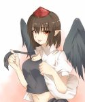  1girl bangs bird_wings black_wings breasts brown_hair cleavage dress_shirt from_side groin hat koro_(tyunnkoro0902) looking_at_viewer looking_to_the_side midriff navel open_clothes open_shirt pointy_ears puffy_short_sleeves puffy_sleeves red_eyes shameimaru_aya shirt short_hair short_sleeves smile solo tank_top tokin_hat tongue tongue_out touhou upper_body white_shirt wings 