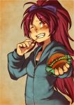 1girl bow casual eating fang food french_fries from_side grin hair_bow hamburger holding holding_food hood hoodie interacting_with_viewer long_hair long_sleeves looking_at_viewer mahou_shoujo_madoka_magica one_eye_closed ponytail red_eyes redhead sakura_kyouko smile solo upper_body zipper 