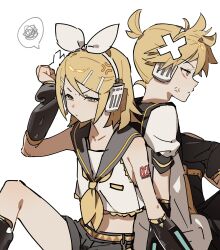  1boy 1girl anime_coloring annoyed arm_warmers back-to-back blonde_hair bow collarbone hair_bow hair_ornament hairclip hand_on_own_forehead headphones highres kagamine_len kagamine_rin medium_hair midriff no_sclera sailor_collar scribble short_hair short_shorts shorts shoulder_tattoo simple_background sitting speech_bubble tattoo thighs vocaloid white_background zhibuji_loom 