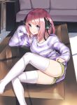  absurdres bangs black_ribbon blue_eyes blunt_bangs breasts butterfly_hair_ornament collarbone feet_out_of_frame go-toubun_no_hanayome green_shorts hair_ornament hand_on_own_cheek hand_on_own_face highres indoors leg_up looking_at_viewer lying multicolored_nails nail_polish nakano_nino on_side pink_hair ribbon sahara386 shorts sleeves_past_wrists smile striped striped_sweater sweater table thigh-highs thighs tongue tongue_out twintails vertical_stripes white_legwear zettai_ryouiki 