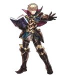  1boy armor armored_boots blonde_hair book boots cape fire_emblem fire_emblem_heroes fire_emblem_if full_body gloves hairband highres hino_shinnosuke leon_(fire_emblem_if) male_focus official_art red_eyes solo teeth transparent_background 