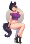  1girl :d animal_ears bare_shoulders black_hair boots breasts dog_ears dog_tail ehrrr full_body green_eyes highres large_breasts looking_at_viewer midriff navel open_mouth original short_hair shorts sitting smile solo tail teeth v 