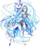 1girl anklet aqua_(fire_emblem_if) artist_request asymmetrical_legwear bare_shoulders barefoot blue_hair blue_ribbon breasts detached_sleeves dress energy feet fingerless_gloves fire_emblem fire_emblem_heroes fire_emblem_if gem gloves headband highres holding holding_weapon jewelry lance lips long_hair looking_to_the_side medium_breasts official_art open_mouth pendant polearm ribbon sidelocks solo sparkle strapless strapless_dress thighlet transparent_background veil very_long_hair weapon white_dress white_legwear yellow_eyes 