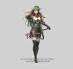  1girl armpits black_legwear boots breastplate cross-laced_footwear cuboon fire_emblem fire_emblem_heroes full_body gauntlets green_boots green_eyes green_hair headband knee_boots lace-up_boots long_hair official_art pantyhose paola pauldrons red_scarf scabbard scarf sheath solo standing sword watermark weapon 