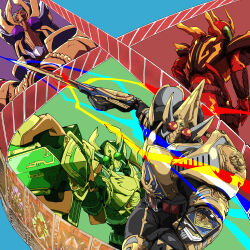 4boys absurdres aiming aiming_at_viewer armor back black_armor black_bodysuit blay_buckle bodysuit bug card commentary english_commentary gold_armor green_eyes gun highres holding holding_gun holding_sword holding_weapon kamen_rider kamen_rider_blade kamen_rider_blade_(king_form) kamen_rider_blade_(series) kamen_rider_chalice kamen_rider_garren kamen_rider_garren_(king_form) kamen_rider_leangle kamen_rider_leangle_(king_form) kamen_rider_wild_chalice king_rouzer multiple_boys naitsupic red_bodysuit red_eyes rhinoceros_beetle rouse_card stag_beetle sword tarantula tokusatsu violet_eyes weapon 