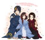  1girl 2boys ahoge blue_eyes blue_hair brown_hair confetti female_saniwa_(touken_ranbu) flower grin hair_flower hair_ornament hakama himuro_(himushin) japanese_clothes kashuu_kiyomitsu little_girl_saniwa_(touken_ranbu) mikazuki_munechika mole mole_under_mouth multiple_boys nail_polish ponytail red_eyes red_nails saniwa_(touken_ranbu) sayagata scarf seiza sitting smile tabi touken_ranbu translation_request v 