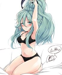  1girl armpits arms_up artist_name bare_legs barefoot black_bow black_bra black_panties black_ribbon blush bow bow_panties bra breasts character_name full_body green_hair hair_between_eyes hair_ornament hair_pull hair_ribbon hairclip kantai_collection lingerie long_hair looking_at_viewer medium_breasts navel panties ponytail ribbon rizzl seiza signature simple_background sitting solo speech_bubble tying_hair underwear underwear_only white_background yamakaze_(kantai_collection) 