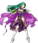  1girl book boots breastplate cape cecilia_(fire_emblem) fire_emblem fire_emblem:_fuuin_no_tsurugi fire_emblem_heroes full_body gloves green_eyes green_hair highres kita_senri long_hair official_art solo transparent_background 