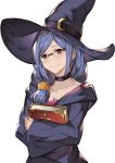 1girl bespectacled blue_hair blush book book_hug choker closed_mouth collarbone glasses hair_over_shoulder hat holding holding_book lialight little_witch_academia long_hair long_sleeves looking_at_viewer red_eyes rimless_glasses smile solo upper_body ursula_(little_witch_academia) wide_sleeves witch_hat 
