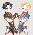  2boys :/ anduin_wrynn black_hair blonde_hair blue_eyes brown_gloves dual_persona gloves hand_holding heart highres interlocked_fingers male_focus multiple_boys open_mouth red_eyes round_teeth smile symmetry teeth ubi_(ekdus6080) warcraft world_of_warcraft 