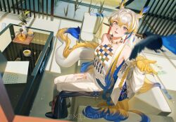  1girl arknights bare_shoulders bird black_shoes blonde_hair blue_hair blurry blurry_foreground breasts collarbone commentary couch cup dragon_horns dragon_tail earrings english_commentary eyeshadow floor glass_table hair_between_eyes hair_intakes hair_ornament hair_stick highres horns indoors jacket jewelry light_particles long_hair long_sleeves makeup multicolored_hair necklace notebook off_shoulder on_couch open_mouth pants plant pointy_ears print_pants reaching red_eyeshadow sash shirt shoes shu_(arknights) small_breasts solo strapless strapless_shirt streaked_hair table tail tassel tassel_earrings teeth twitter_username very_long_hair very_long_tail white_hair white_jacket white_pants white_sash white_shirt white_sleeves window_shadow xiisalt yellow_hands 