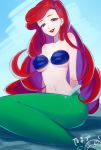  1girl ariel_(disney) arms_at_sides bare_arms bare_shoulders blue_background blue_eyes breasts disney eyelashes half-closed_eyes long_hair looking_at_viewer medium_breasts mermaid monster_girl namazu_(dc_27546) navel parted_lips red_lips redhead shell shell_bikini signature smile solo the_little_mermaid under_boob very_long_hair 