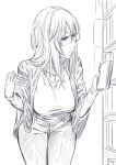  1girl bent_over book bookshelf breasts collarbone glasses highres large_breasts long_hair monochrome original pants regura sketch solo white_background 