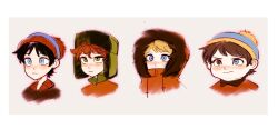  4boys black_hair blonde_hair blue_eyes blue_hat blush border brown_eyes brown_hair brown_jacket closed_mouth coat collared_jacket covered_mouth english_commentary eric_cartman freckles fur-trimmed_hood fur_trim green_eyes green_hat grey_background hair_between_eyes hat heterochromia highres hood hooded_coat jacket kenny_mccormick kyle_broflovski male_focus multiple_boys orange_coat orange_hair pom_pom_(clothes) red_jacket rrrrrrrrrrrou1 short_hair simple_background smile south_park stan_marsh wavy_hair white_border 