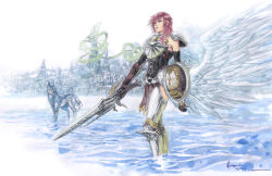  1girl 2013 absurdres arm_shield armor armored_boots armored_leotard barding black_gloves blue_eyes boots breastplate buckler building city dated dominic_ian_cabatit elbow_gloves feathered_wings final_fantasy final_fantasy_xiii final_fantasy_xiii-2 full_body gloves green_ribbon gunblade highres holding holding_sword holding_weapon horse leotard lightning_farron loincloth long_hair nick-ian outdoors pauldrons pelvic_curtain pink_hair pink_lips ribbon shield shoulder_armor signature skyline solo sword thigh_boots timestamp wading water weapon white_wings wings 
