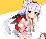  &gt;:d 2girls :d backpack bag blue_eyes blush book capelet commentary_request frown hair_ribbon kanna_kamui kobayashi-san_chi_no_maidragon long_hair multiple_girls open_mouth purple_hair randoseru ribbon rimukoro saikawa_riko smile solo_focus translation_request twitter_username two-tone_background white_background yellow_background 