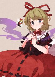  2girls black_shirt black_skirt blonde_hair blue_eyes bow bubble_skirt closed_mouth cowboy_shot fairy_wings flower frilled_shirt frilled_shirt_collar frilled_sleeves frills hair_ribbon highres kimura8556spsk lily_of_the_valley looking_at_viewer medicine_melancholy mini_person minigirl multiple_girls no_mouth poison puffy_short_sleeves puffy_sleeves red_bow red_ribbon red_shirt red_skirt ribbon shirt short_sleeves skirt su-san touhou wings 