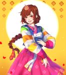  1girl absurdres alternate_costume blush braid brown_eyes brown_hair chinese_new_year d.va_(overwatch) dancing eyebrows_visible_through_hair facepaint floral_print hair_ribbon happy highres long_hair long_sleeves looking_at_viewer new_year open_mouth overwatch palanquin_d.va pink_ribbon ribbon ruuto-kun smile solo teeth very_long_hair whisker_markings 