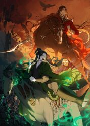 2boys absurdres arrow_(projectile) barding bird black_boots black_hair blood boots bridle bug butterfly chinese_clothes closed_mouth clouds crow earrings exposed_bone exposed_muscle eyepatch fangs fingernails fire flag furrowed_brow green_fire green_hanfu grey_pants half_updo hanfu high_ponytail highres holding holding_reins holding_sword holding_weapon hoop_earrings horse horseback_riding hua_cheng jewelry korean_commentary little_modao long_fingernails long_hair long_sleeves looking_at_viewer male_focus multiple_boys open_mouth pants ponytail qi_rong raining_blood red_eyes red_hanfu reins riding scimitar skeleton skeleton_horse smile smoke sword tianguan_cifu torn_flag weapon wide_sleeves 