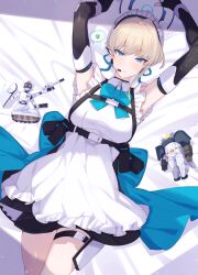  1girl arms_up blonde_hair blue_archive blue_eyes blue_ribbon breast_strap breasts cowboy_shot dress elbow_gloves expressionless gloves halo highres intercom large_breasts maid on_bed ribbon sleeveless sleeveless_dress solo toki_(blue_archive) toy_robot white_dress zoruboi 