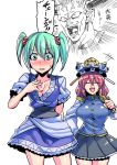  2girls blue_eyes blush breasts captain_ginyu cleavage closed_eyes cosplay costume_switch dragon_ball dragon_ball_z dragonball_z embarrassed green_hair hair_bobbles hair_ornament hat large_breasts laughing long_sleeves medium_breasts multiple_girls onozuka_komachi rod_of_remorse shiki_eiki short_sleeves skirt smile touhou tsuki_wani two_side_up wavy_mouth 