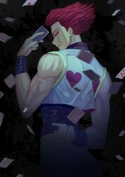  1boy card earrings hisoka_morow holding holding_card hunter_x_hunter jewelry lloule looking_at_viewer looking_back male_focus playing_card red_hair sleeveless solo teardrop_facial_mark 