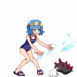  1girl blue_eyes blue_hair goggles goggles_on_head lowres one-piece_swimsuit open_mouth pixel_art pokemon pokemon_(anime) pokemon_(creature) pokemon_(game) pokemon_sm pokemon_sm_(anime) pyukumuku sandals shirokuro_(oyaji) short_hair simple_background splashing suiren_(pokemon) swimsuit trial_captain white_background 