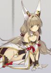  1girl animal_ears bangs blunt_bangs breasts cat_ears cleavage long_hair looking_at_viewer low_twintails niyah seinen silver_hair simple_background solo spoilers twintails xenoblade yellow_eyes 