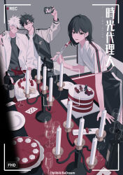  1girl 2boys alcohol arm_up balloon birthday_cake black_eyes black_hair black_jacket black_pants black_shirt black_skirt blood bottle cake camera candle card cellphone cheng_xiaoshi cigarette closed_mouth copyright_name cowboy_shot cup drinking_glass english_text food fork fruit hair_between_eyes hand_up highres holding holding_camera holding_fork holding_plate inplick jacket knife leaning_forward lighter long_sleeves looking_at_viewer lu_guang multiple_boys official_art open_clothes open_jacket pants parted_lips phone photo_(object) plate playing_card qiao_ling recording selfie shiguang_dailiren shirt short_hair short_sleeves skirt smile standing table taking_picture viewfinder white_hair white_jacket white_shirt wine_bottle wine_glass 