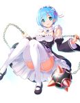  1girl bangs black_shoes blue_eyes blue_hair breasts chains cleavage collar detached_collar detached_sleeves eyebrows_visible_through_hair flail frilled_collar frilled_sleeves frills garter_straps hair_ornament hair_over_one_eye hair_ribbon highres holding knees_together_feet_apart large_breasts looking_at_viewer maid_headdress mary_janes morning_star open_mouth pink_ribbon qnakamura re:zero_kara_hajimeru_isekai_seikatsu rem_(re:zero) ribbon shoes short_hair simple_background smile solo thigh-highs thighs weapon white_background white_legwear x_hair_ornament 
