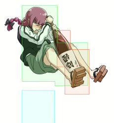  1girl black_bow black_jacket black_nails blunt_bangs blush bocchi_the_rock! bottle bow chromatic_aberration closed_eyes dress fighting_game fingernails full_body geta green_dress guilty_gear hair_bow hiroi_kikuri hitbox holding holding_bottle jacket long_hair long_sleeves low-braided_long_hair low-tied_long_hair medium_dress multicolored_jacket nail_polish nose_blush pink_hair sake_bottle simple_background sol_badguy solo torako_(toramaru) twitter_username two-tone_jacket v-shaped_eyebrows watermark white_background white_jacket 