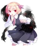  1girl black_skirt blonde_hair blouse darkness frilled_skirt frills hair_ribbon kazeharu open_mouth red_eyes ribbon rumia shirt short_hair simple_background skirt skirt_set touhou vest white_blouse 