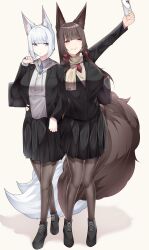  akagi_(azur_lane) animal_ears azur_lane cellphone fox_ears fox_tail kaga_(azur_lane) long_hair multiple_girls multiple_tails phone samip school_uniform selfie short_hair smartphone 