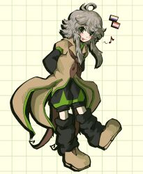  1other :p ahoge androgynous ascot baggy_socks black_shorts black_sleeves blush brown_ascot brown_coat coat green_shorts grey_eyes grey_hair grid_background gzpxllztt highres houlen_yabusame len&#039;en long_sleeves musical_note redrawn shorts solo standing tongue tongue_out 
