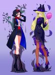  2girls ;) adapted_costume ankle_boots apple apple_poison apple_poison_(cosplay) arm_behind_back aurora_(disney) bangs black_boots black_coat black_eyes black_gloves black_hair black_hat black_jacket black_skirt blonde_hair blue_eyes boots bow breasts brown_legwear closed_mouth collared_shirt cosplay cross-laced_footwear disney eyelashes feathers food fruit full_body gloves gradient gradient_background hand_mirror hat hat_bow hat_ribbon high_heel_boots high_heels highres holding holding_fruit holding_mirror horns jacket kiss lace-up_boots legs_crossed lipstick long_sleeves looking_at_viewer makeup marfie marfie_(cosplay) medium_breasts miniskirt mirror multiple_girls namazu_(dc_27546) one_eye_closed pantyhose pencil_skirt purple_background purple_boots purple_bow purple_ribbon purple_shirt recruiters_(disney) red_lips ribbon shirt short_hair silhouette skirt sleeping_beauty smile snow_white snow_white_and_the_seven_dwarfs standing 