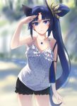  1girl akame_(akamiru) alternate_costume bare_shoulders black_hair blue_eyes casual fate/grand_order fate_(series) hair_ornament jewelry long_hair looking_at_viewer necklace side_ponytail sleeveless smile solo thigh_gap ushiwakamaru_(fate/grand_order) very_long_hair 