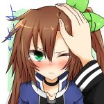  1girl blush brown_hair choujigen_game_neptune green_eyes hair_ornament hand_on_another&#039;s_face hand_on_head highres if_(choujigen_game_neptune) long_hair looking_at_viewer neptune_(series) one_eye_closed ribbon shika_tsui solo tears 