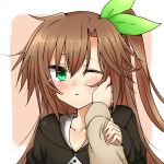  1girl blush bow brown_hair choujigen_game_neptune eye_contact green_eyes hair_bow hair_ornament hand_on_another&#039;s_face highres if_(choujigen_game_neptune) long_hair looking_at_another looking_at_viewer neptune_(series) one_eye_closed ribbon shika_tsui solo tears 