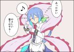  1girl blue_hair closed_eyes commentary_request frills gloves hinanawi_tenshi hug kenuu_(kenny) long_hair long_sleeves musical_note no_hat no_headwear quaver shawl smile solo spoken_musical_note thought_bubble touhou translation_request white_gloves younger 