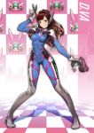  &gt;:) 1girl animal_print artist_name bangs blue_bodysuit bodysuit bracer breasts brown_eyes brown_hair bunny_print character_name charm_(object) checkered checkered_background checkered_floor clothes_writing covered_navel d.va_(overwatch) facepaint facial_mark finger_on_trigger gloves gun handgun headphones high_collar highres holding holding_gun holding_weapon ing9 legs_apart long_hair looking_at_viewer mecha medium_breasts meka_(overwatch) overwatch pilot_suit pistol ribbed_bodysuit shadow shoulder_pads signature skin_tight solo standing swept_bangs v watermark weapon whisker_markings white_gloves 