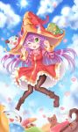  1girl :3 animal_ears blue_sky boomerang cat_ears clenched_hand clouds dress fang full_body green_eyes hat highres knees_together_feet_apart league_of_legends long_hair lulu_(league_of_legends) one_eye_closed open_mouth pantyhose pointy_shoes purple_hair red_dress shoes sky smile solo striped_sleeves stuffed_animal stuffed_toy sun teddy_bear ubi_(ekdus6080) v witch_hat 