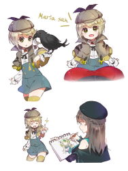  3girls beret blonde_hair breasts brown_capelet brown_hair capelet crowd deerstalker detective female_pov green_hair hair_ornament half_up_braid hat heaven_burns_red irene_redmayne lliissaawwuu2 long_hair looking_at_viewer maria_de_angelis multiple_girls ooshima_ichiko ooshima_isuzu pointing pov short_hair thigh-highs two_side_up yellow_eyes yellow_thighhighs 