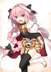  1boy :d arms_behind_back black_legwear blush braid cape commentary_request fang fate/apocrypha fate_(series) fur-trimmed_cape fur_trim garter_straps gauntlets hair_ribbon highres kauto long_hair looking_at_viewer open_mouth pink_hair ribbon rider_of_black single_braid smile solo thigh-highs trap violet_eyes white_cape 